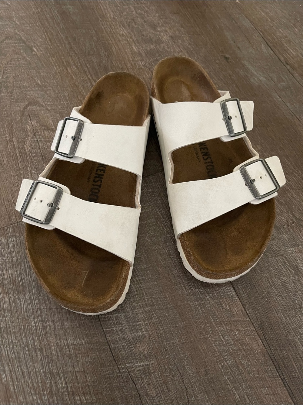 Birkenstock White Arizona Two-Strap Women's Sandals with Silver Buckles